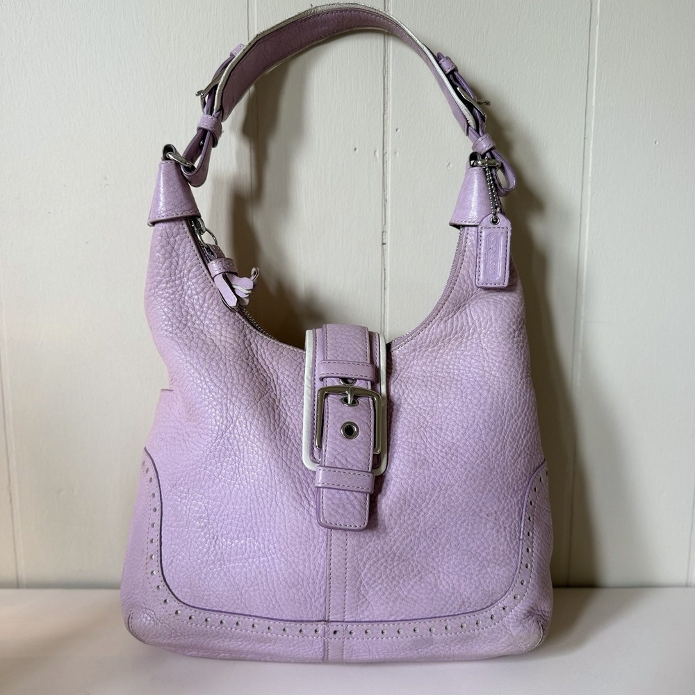 Coach Lilac Pebbled Shoulder Bag Buckle Accent Silver Hardware Designer Classic - Picture 1 of 14